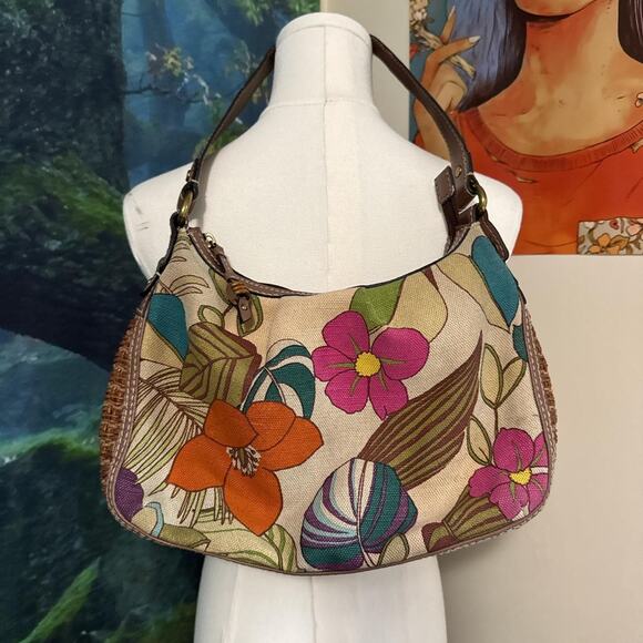 fossil modern vintage floral boho rattan shoulder bag y2k retro purse - Picture 2 of 7